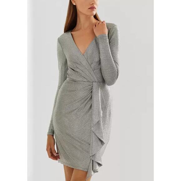 Lauren Ralph Lauren Metallic Knit Faux Wrap Ruffle Dress Size 6 NWT Cocktail - Picture 1 of 15